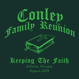 Family reunion invitation with a Bible graphic and text on a green background