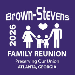 Family reunion logo with 'Brown-Stevens' and family symbols on a purple background