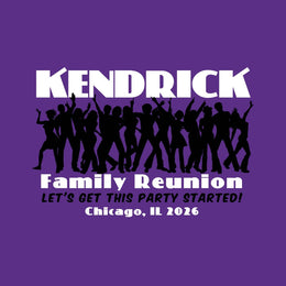 Promotional graphic for Kendrick Family Reunion with silhouettes of people on a purple background.