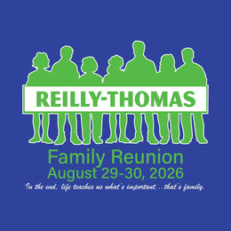Promotional graphic for Reilly-Thomas Family Reunion with green silhouettes on a blue background.