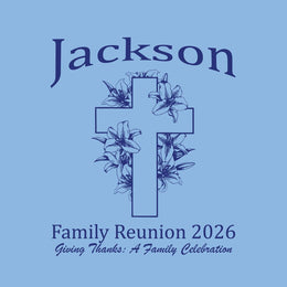 flower-draped religious cross theme reunion t-shirt design