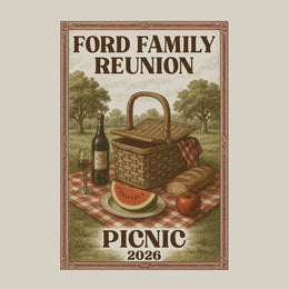 family picnic reunion t-shirt design with wine, watermelon and a picnic basket