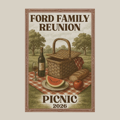 family picnic reunion t-shirt design with wine, watermelon and a picnic basket