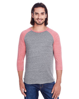 Threadfast Apparel Unisex Triblend 3/4 Sleeve Raglan Tee 302G | Grey/ Red Tribld - Front