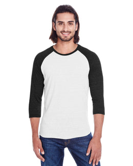 Threadfast Apparel Unisex Triblend 3/4 Sleeve Raglan Tee 302G | Sld Wht/ S Bl Tb - Front