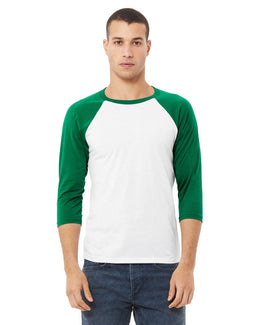Bella+Canvas Unisex Triblend 3/4-Sleeve Baseball T-Shirt 3200 | White/ Kelly - Front