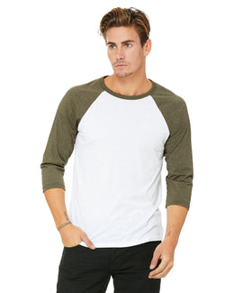 Bella+Canvas Unisex Triblend 3/4-Sleeve Baseball T-Shirt 3200 | Wht/ Hthr Olive - Front