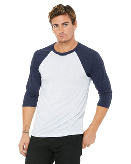 Bella+Canvas Unisex Triblend 3/4-Sleeve Baseball T-Shirt 3200 | Wht Flk/ Nvy Trb - Front