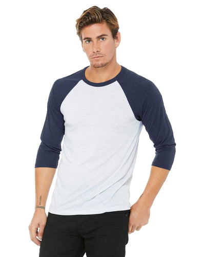 Bella+Canvas Unisex Triblend 3/4-Sleeve Baseball T-Shirt 3200 | Wht Flk/ Nvy Trb - Front