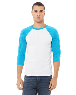 Bella+Canvas Unisex Triblend 3/4-Sleeve Baseball T-Shirt 3200 | White/ Neon Blue - Front