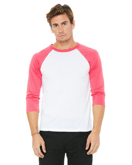 Bella+Canvas Unisex Triblend 3/4-Sleeve Baseball T-Shirt 3200 | White/ Neon Pink - Front