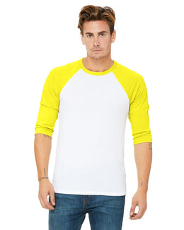 Bella+Canvas Unisex Triblend 3/4-Sleeve Baseball T-Shirt 3200 | Wht/ Neon Yellow - Front