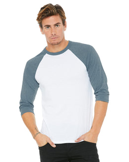 Bella+Canvas Unisex Triblend 3/4-Sleeve Baseball T-Shirt 3200 | White/ Denim - Front