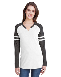 LAT Ladies Gameday Mash-Up Long Sleeve T-Shirt 3534 | B Wh/ V Sm/ B Wh - Front