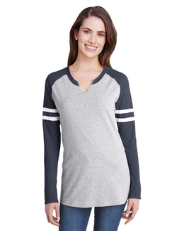LAT Ladies Gameday Mash-Up Long Sleeve T-Shirt 3534 | Vn Hth/ Vn Nv/ W - Front