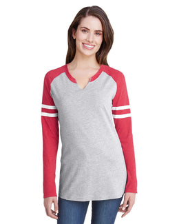 LAT Ladies Gameday Mash-Up Long Sleeve T-Shirt 3534 | Vn Hth/ Vn Rd/ W - Front