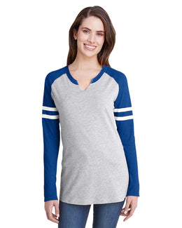 LAT Ladies Gameday Mash-Up Long Sleeve T-Shirt 3534 | Vn Hth/ Vn Ry/ W - Front