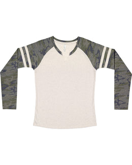 LAT Ladies Gameday Mash-Up Long Sleeve T-Shirt 3534 | Nt Hth/ V Cm/ Nt - Front