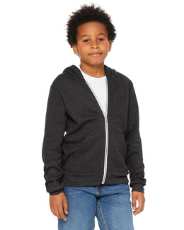 Bella+Canvas Youth Sponge Fleece Full-Zip Hooded Sweatshirt 3739Y | Dark Gry Heather - Front