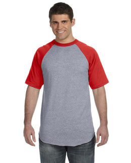 Augusta 50/50 Short Sleeve Raglan T-Shirt 423 | Ath Hthr/ Red - Front