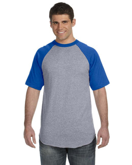Augusta 50/50 Short Sleeve Raglan T-Shirt 423 | Ath Hthr/ Royal - Front