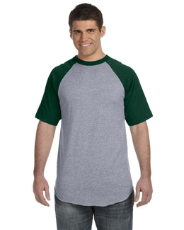 Augusta 50/50 Short Sleeve Raglan T-Shirt 423 | Ath Hthr/ Dk Grn - Front