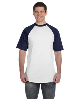 Augusta 50/50 Short Sleeve Raglan T-Shirt 423 | White/ Navy - Front
