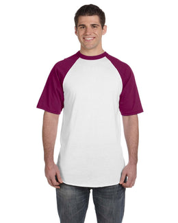 Augusta 50/50 Short Sleeve Raglan T-Shirt 423 | White/ Maroon - Front