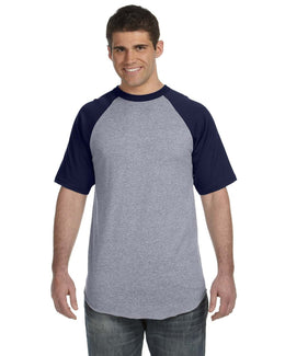 Augusta 50/50 Short Sleeve Raglan T-Shirt 423 | Ath Hthr/ Navy - Front