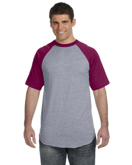 Augusta 50/50 Short Sleeve Raglan T-Shirt 423 | Ath Hthr/ Maroon - Front