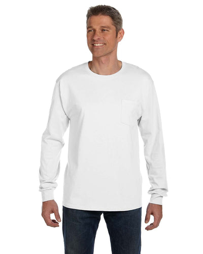 Hanes Tagless Long Sleeve Pocket T-Shirt 5596 | White - Front