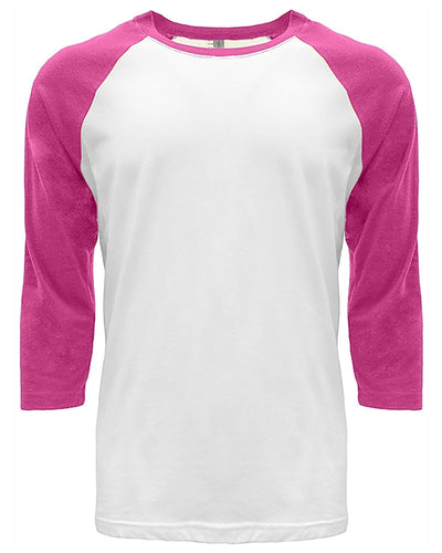 Next Level Unisex CVC 3/4 Sleeve Raglan Baseball T-Shirt 6251 | Hot Pink/ White - Front