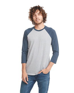 Next Level Unisex CVC 3/4 Sleeve Raglan Baseball T-Shirt 6251 | Md Ny/ D Htr Gry - Front