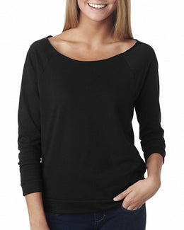 Next Level Ladies French Terry Raw-Edge 3/4-Sleeve Raglan Tee 6951 | Black - Front