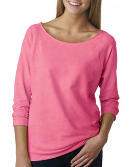 Next Level Ladies French Terry Raw-Edge 3/4-Sleeve Raglan Tee 6951 | Neon Hthr Pink - Front