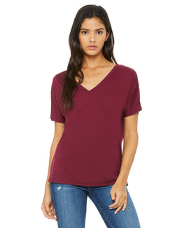 Bella+Canvas Ladies Flowy Simple V-Neck T-Shirt 8815 | Maroon - Front