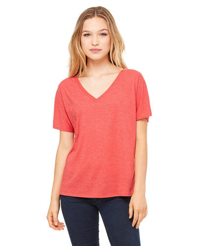 Bella+Canvas Ladies Flowy Simple V-Neck T-Shirt 8815 | Red Triblend - Front