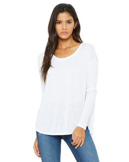 Bella+Canvas Ladies Flowy Long Sleeve T-Shirt with 2x1 Sleeves 8852 | White - Front