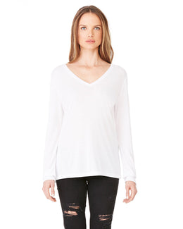 Bella+Canvas Ladies Flowy Long Sleeve V-Neck 8855 | White - Front