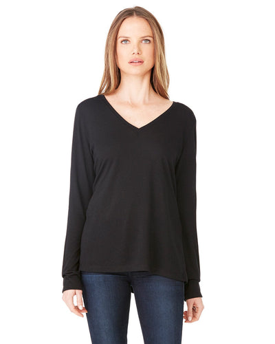 Bella+Canvas Ladies Flowy Long Sleeve V-Neck 8855 | Black - Front