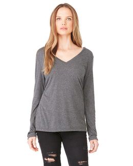 Bella+Canvas Ladies Flowy Long Sleeve V-Neck 8855 | Dk Grey Heather - Front