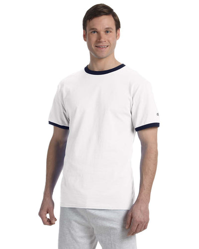 Champion Tagless Ringer Tee T1396 | White/ Navy - Front