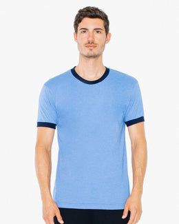 American Apparel Unisex Poly-Cotton Short Sleeve Ringer T-Shirt BB410W | Hth Lk Blue/ Nvy - Front