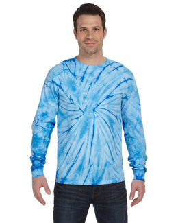 Tie-Dye 100% Cotton Long Sleeve Tie-Dyed T-Shirt CD2000 | Spider Baby Blue - Front