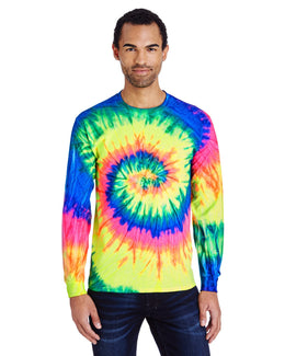 Tie-Dye 100% Cotton Long Sleeve Tie-Dyed T-Shirt CD2000 | Neon Rainbow - Front