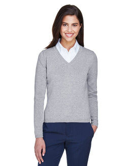 Devon & Jones Ladies V-Neck Sweater D475W | Grey Heather - Front