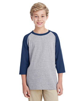 Gildan Youth Heavy Cotton 3/4-Raglan Sleeve T-Shirt G570B | Sport Grey/ Navy - Front