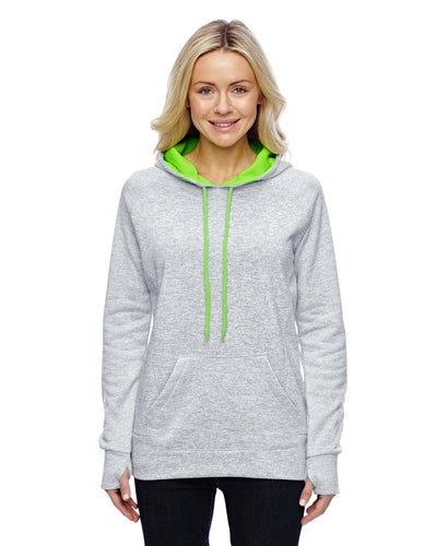 J America Ladies Cosmic Contrast Fleece Hood JA8616 | Ice Fleck/ Ne Gr - Front