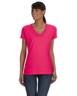 Fruit of the Loom Ladies 100% Heavy Cotton HD V-Neck T-Shirt L39VR | Cyber Pink - Front