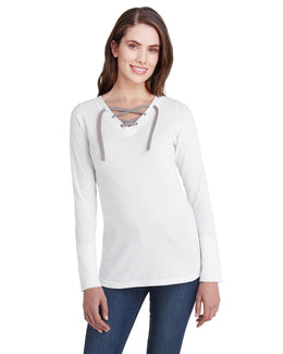 LAT Ladies Long Sleeve Fine Jersey Lace-Up T-Shirt LA3538 | Blend Wht/ Titnm - Front
